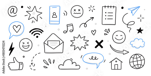 Emoji internet sketch icon set. Internet conversation, media outline tech emoji, star, arrow shape. Hand drawn sketch chat emoticon reaction, digital cloud, smile face elements. Vector illustration