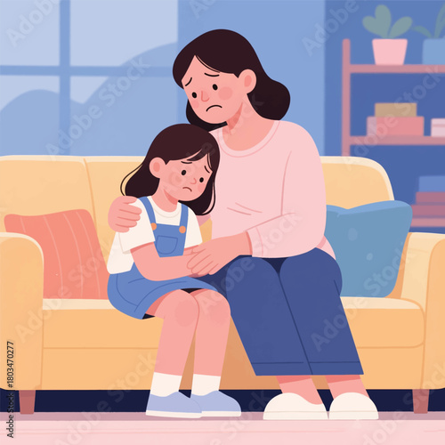 The Sadness of the Mother and Daughter's Family Illustrator Artwork Banner Background Design Template 