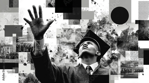 Monochrome graduation portrait with abstract collage elements.