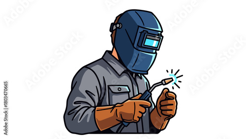 A welder wearing a blue helmet and orange gloves uses a welding torch