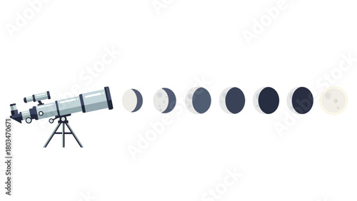 A telescope is shown next to a series of moon phases