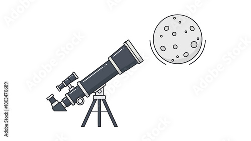 A telescope points towards the moon with craters