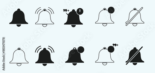 Notification bell icon set alert and reminder bell vector collection.