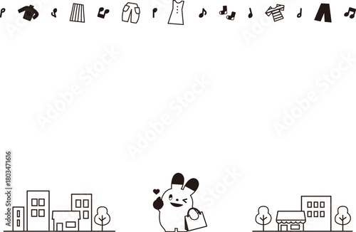 指ハートをする買い物うさぎと街のフレーム（モノクロ）