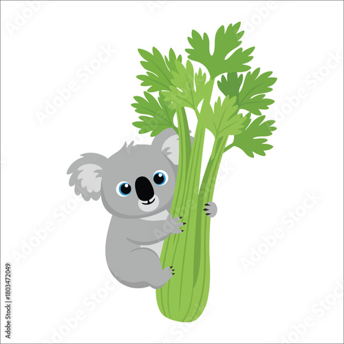 Cute grey koala hugging a bunch of green celery stalks animal