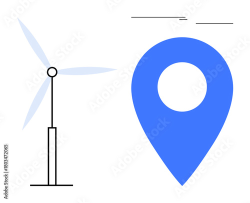 Wind turbine next to a blue location marker, emphasizing clean energy, sustainability, and renewable resource efficiency. Ideal for green tech, eco-mapping, GPS tools, environmental impact, energy