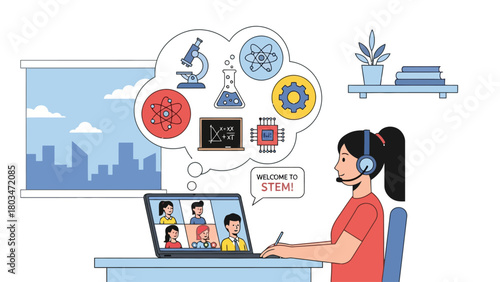 A woman with a headset participates in an online STEM class via video conference