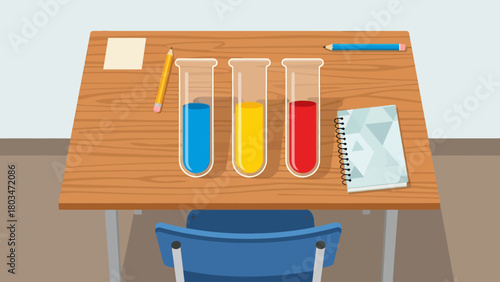 A wooden desk with three test tubes containing colored liquids pencils a notepad and a blue chair