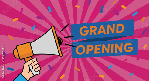Grand opening announcement with megaphone and confetti background