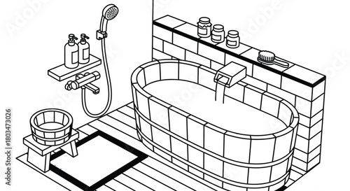 Japanese onsen bathroom design wooden bathtub shower and accessories