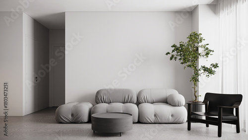 The moderrn minimal living room and cozy sofa mock upand empty white wall background. 3d rendering
