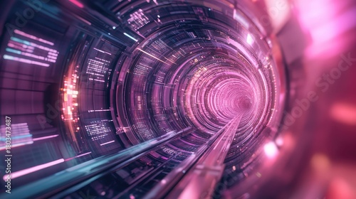 Fototapeta Naklejka Na Ścianę i Meble -  Digital data flowing through futuristic pink illuminated tunnel