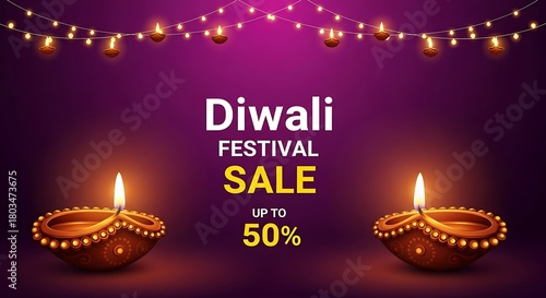 Diwali festival sale up to 50 percent off with lit diyas and festive lights background