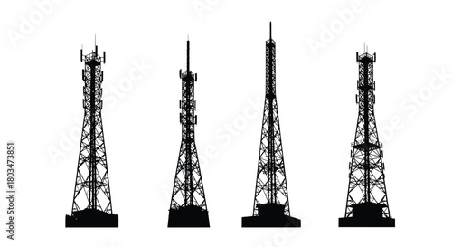Set of four silhouettes of communication towers