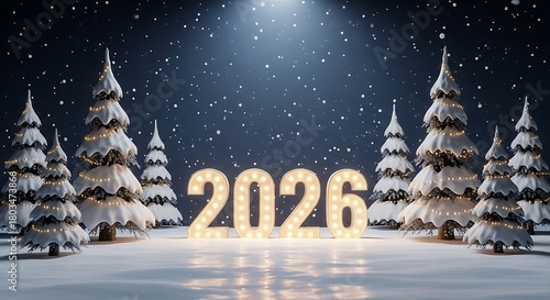 Glowing 2026 numbers illuminated by a spotlight in a snowy winter forest with decorated christmas trees