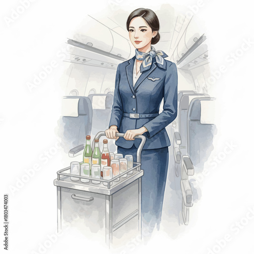 Elegant Watercolor Flight Attendants in Professional Aviation Scenes