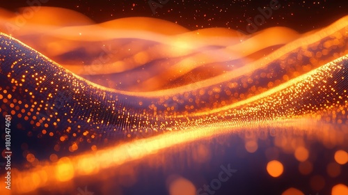 Abstract glowing orange particles forming flowing wave data