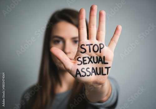 Woman holds up her hand with the words stop sexual assault written on it, conveying a message against sexual violence and abuse