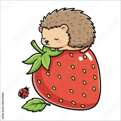 Cute cartoon hedgehog sleeping on a large strawberry with ladybug animal