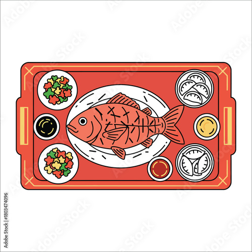 Whole Roasted Fish and Side Dishes on Serving Tray vector illustration