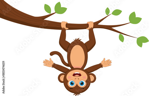 Cartoon monkey hanging upside down from tree branch, playful animal character, cheerful jungle wildlife mascot, kids education, cad drawing flat vector illustration