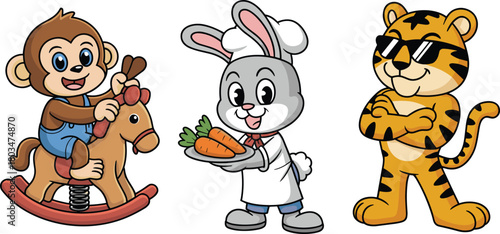 Cartoon monkey on rocking horse, chef rabbit with carrots, cool tiger in sunglasses, fun animal characters, playful children illustration