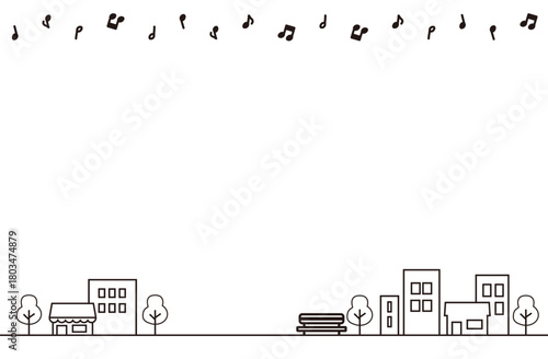 音符と街並みのモノクロフレーム（上下あしらい）