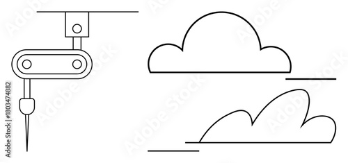 Robotic arm with engraving tool crafting cloud shapes, representing innovation, precision, and digital design. Ideal for technology, creativity, automation, manufacturing, engineering future