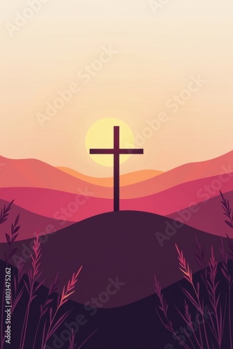Christian cross silhouette on hilltop at sunset