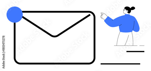 Large envelope icon with notification dot beside a casually dressed woman pointing towards a message. Ideal for email, communication, alert, message, teamwork, notification, or digital interaction
