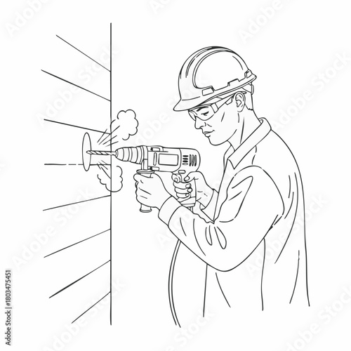 A construction worker uses a power drill to bore a hole into a wall, demonstrating construction and home improvement techniques.