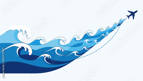 Airplane flying over stylized ocean waves