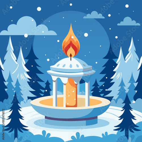 Winter Solstice Illumination. Flat Vector Design, Snowy Landscape, Candlelight, Fountain, Snowflakes, Forest Scene, Midnight Peace. 