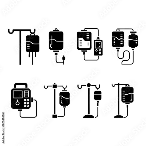 Medical IV Drip Icon Set – Healthcare and Hospital Equipment Symbols