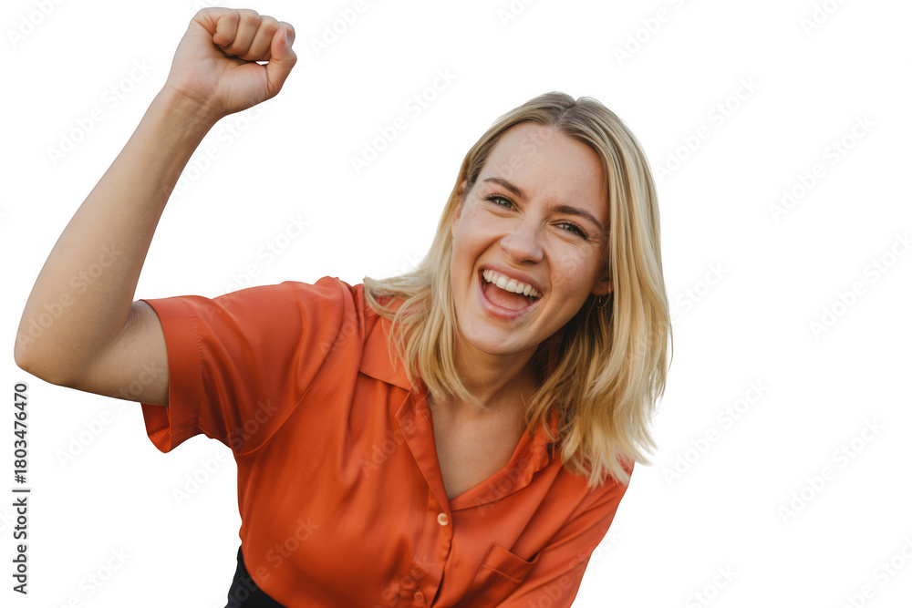 Fototapeta premium Excited woman celebrating success isolated on transparent background