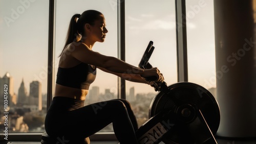 Silhouette of a woman rowing machine workout at sunrise with city view.