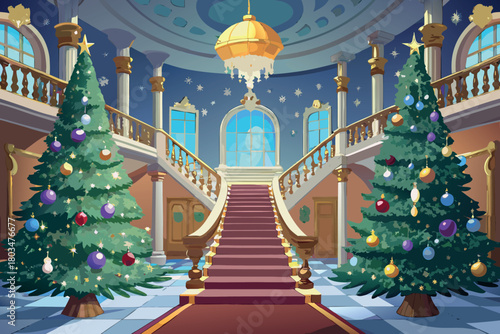 Elegant mansion hall with a giant christmas tree