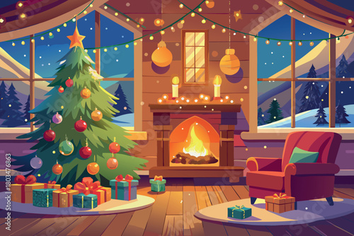 Cozy living room with glowing fireplace and warm ambiance