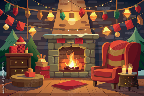 Cozy old fashioned stone fireplace corner scene