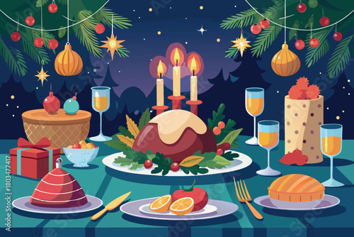 Elegant christmas dinner table setting with festive decorations