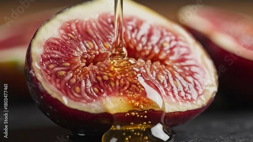 Close-up of fresh fig with honey dripping, showcasing texture and detail for culinary use
