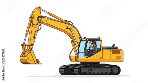 Yellow excavator with driver inside on white background