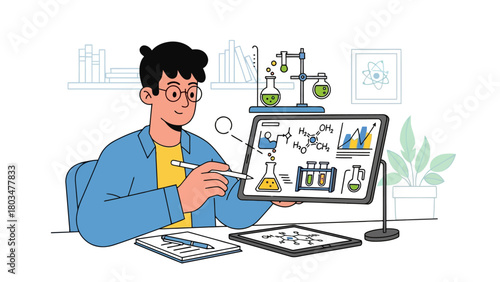 Young person with glasses and blue shirt studying chemistry on a tablet