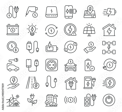 Set of collection line icons related Charging. Editable stroke. Perfect pixel on transparent background