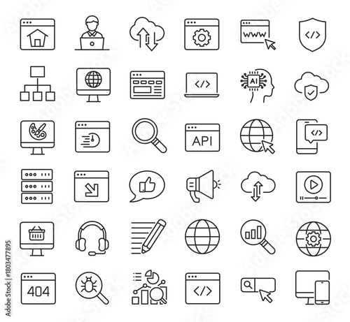 Set of collection line icons related Website Development. Editable stroke. Perfect pixel on transparent background