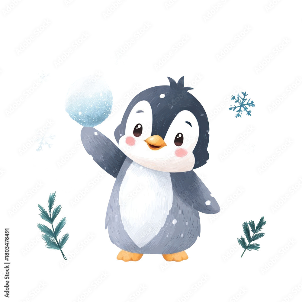 Fototapeta premium Cute penguin holding a snowball in winter scenery.