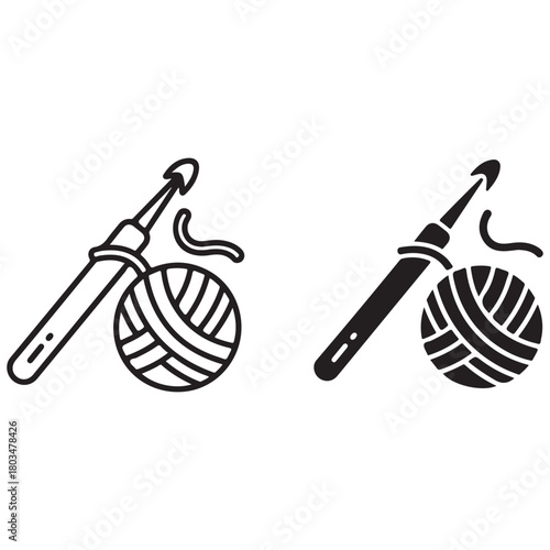 Crochet Hook and Yarn Ball Icons in Outline and Solid Styles for Handcrafting