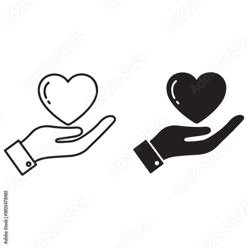 Hand Holding Heart Icons, Outline and Solid Symbols of Love and Care