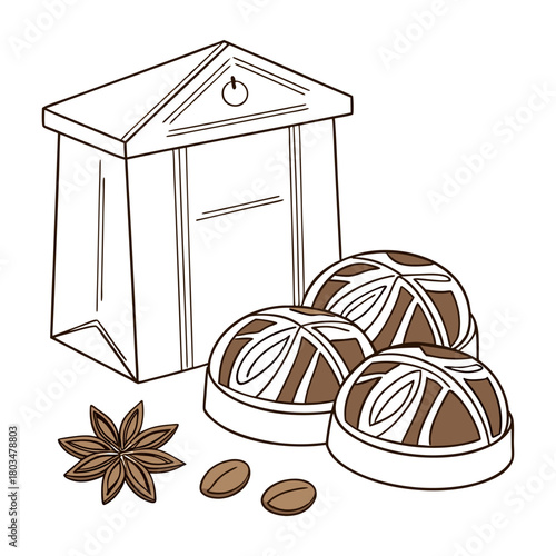 Hand-Drawn Still Life Sketch with Candies, Coffee Beans, and Star Anise on Transparent Background. 
