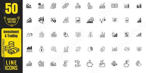 Financial investment and trading economy business line icons set